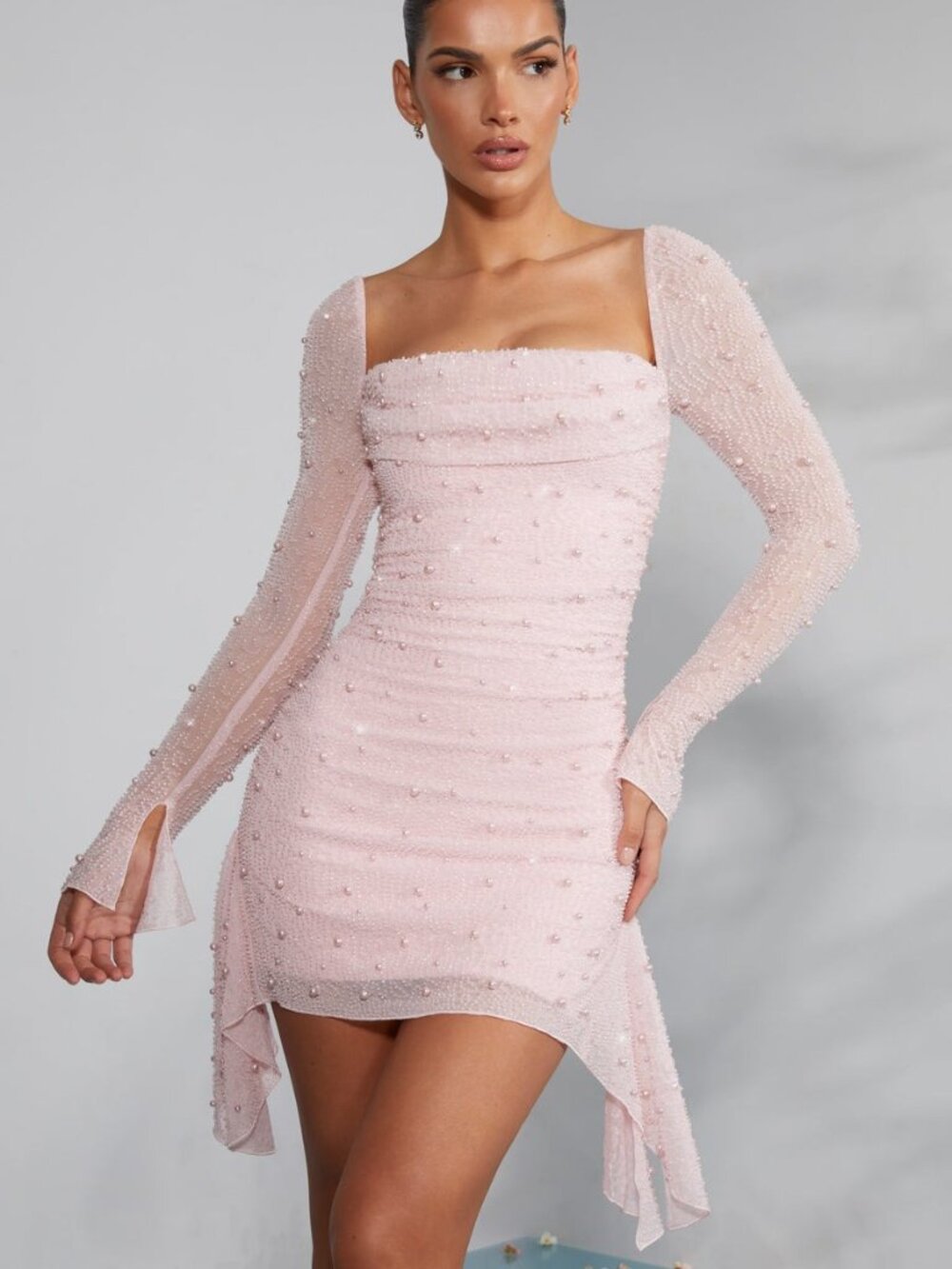 Oh Polly Tivoli Embellished Cowl Neck Mini Dress - Blush - Size 10